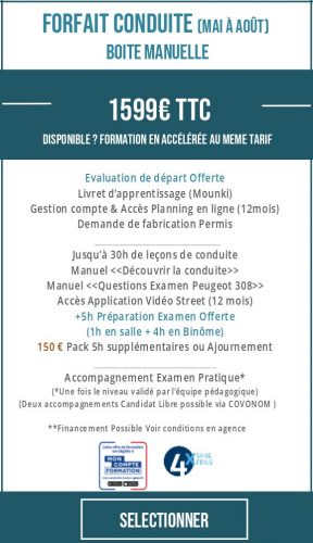 Reprise Auto-Ecole - Place avec l'Auto-Ecole - Mai à Août - Conduite - Forfait 30h - Manuelle